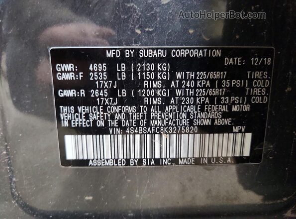 4S4BSAFC8K3275820 2019 SUBARU OUTBACK Charcoal Вид підкапотного простору