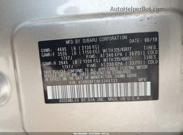 4S4BSAFC8K3384133 2019 SUBARU OUTBACK Silver Vista del compartimento del motor