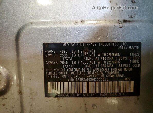 4S4BSAFC9H3222035 2017 SUBARU OUTBACK Silver VIN sticker view