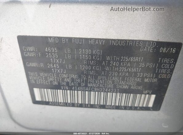 4S4BSAFC9H3244231 2017 SUBARU OUTBACK Light Blue Շարժիչի բաժամունքի տեսք
