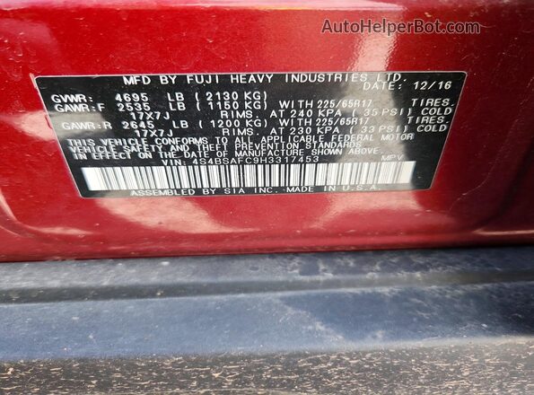 4S4BSAFC9H3317453 2017 SUBARU OUTBACK Red Widok wnętrza 360 stopni