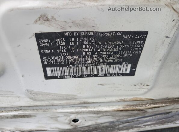 4S4BSAFC9H3393948 2017 SUBARU OUTBACK Белый Вид подкапотного пространства