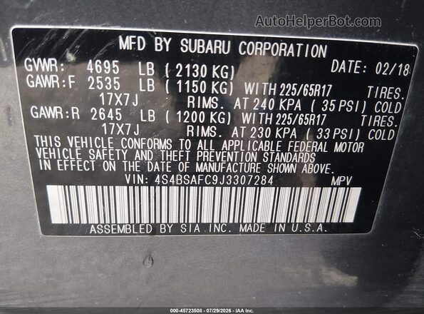 4S4BSAFC9J3307284 2018 SUBARU OUTBACK Black Vista del compartimento del motor