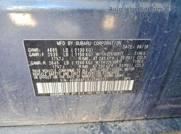4S4BSAFC9J3386312 2018 SUBARU OUTBACK Blue VIN sticker view