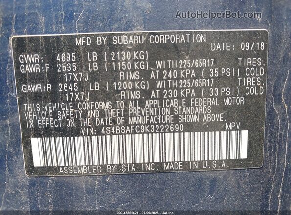 4S4BSAFC9K3222690 2019 SUBARU OUTBACK Black Engine compartment view