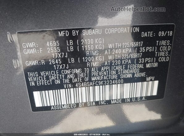 4S4BSAFC9K3234600 2019 SUBARU OUTBACK Gray ძრავის განყოფილების ხედი