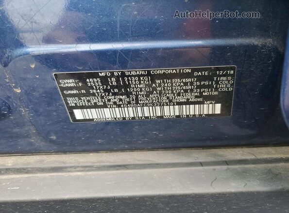 4S4BSAFC9K3275101 2019 SUBARU OUTBACK Синий Вид подкапотного пространства