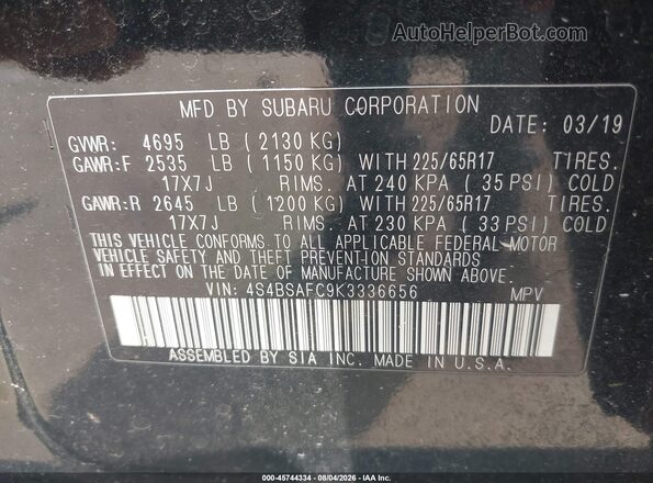 4S4BSAFC9K3336656 2019 SUBARU OUTBACK Black Շարժիչի բաժամունքի տեսք