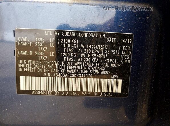 4S4BSAFC9K3344370 2019 SUBARU OUTBACK Blue Widok komory silnika
