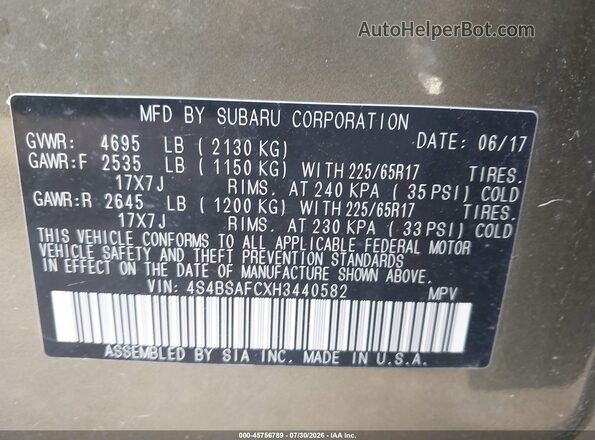 4S4BSAFCXH3440582 2017 SUBARU OUTBACK Зеленый Вид подкапотного пространства
