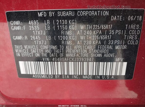 4S4BSAFCXJ3393947 2018 SUBARU OUTBACK Бордовый Вид подкапотного пространства