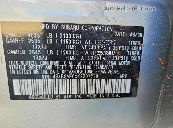4S4BSAFCXK3207289 2019 SUBARU OUTBACK Silver Widok komory silnika