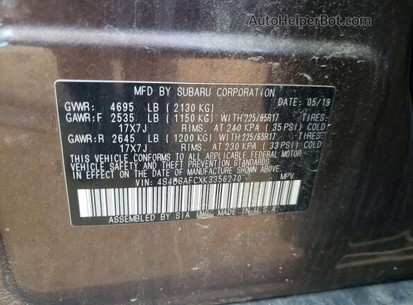 4S4BSAFCXK3356270 2019 SUBARU OUTBACK Коричневый Вид наклейки с VIN-кодом