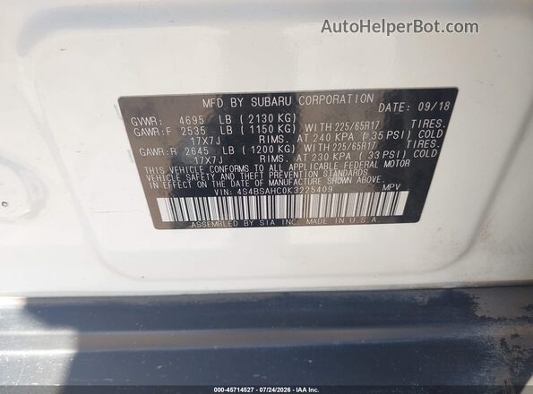 4S4BSAHC0K3225409 2019 SUBARU OUTBACK White Widok komory silnika
