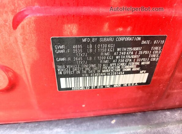 4S4BSAHC1K3391454 2019 SUBARU OUTBACK Red Vista del compartimento del motor