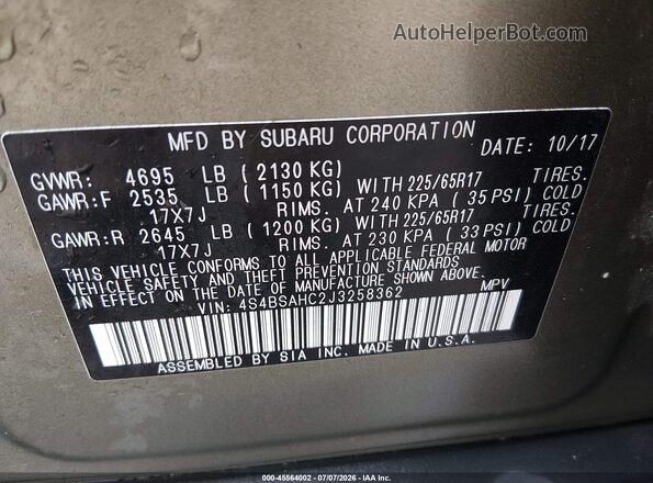 4S4BSAHC2J3258362 2018 SUBARU OUTBACK Green Engine compartment view