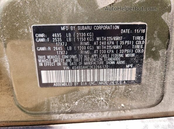 4S4BSAHC2K3266172 2019 SUBARU OUTBACK Green Панорамний вид салону 360°