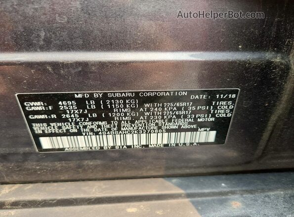 4S4BSAHC2K3270805 2019 SUBARU OUTBACK Gray ძრავის განყოფილების ხედი