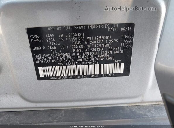 4S4BSAHC3H3204319 2017 SUBARU OUTBACK Silver Շարժիչի բաժամունքի տեսք