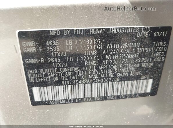 4S4BSAHC4H3382708 2017 SUBARU OUTBACK Pewter Вид підкапотного простору