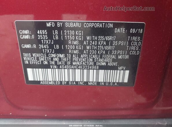 4S4BSAHC4K3234968 2019 SUBARU OUTBACK Red Vista del compartimento del motor