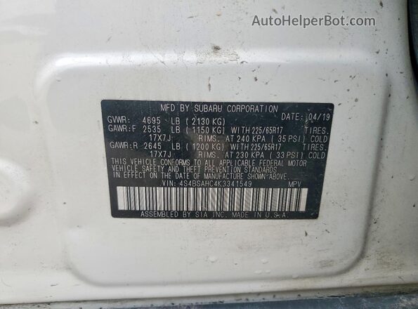 4S4BSAHC4K3341549 2019 SUBARU OUTBACK White Vista de la etiqueta del VIN