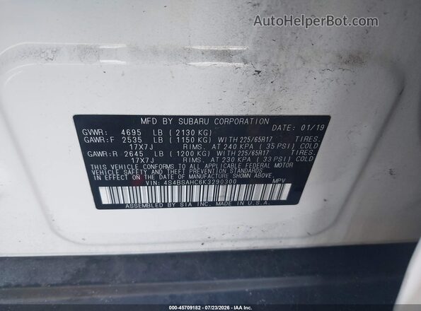 4S4BSAHC6K3290300 2019 SUBARU OUTBACK White ძრავის განყოფილების ხედი
