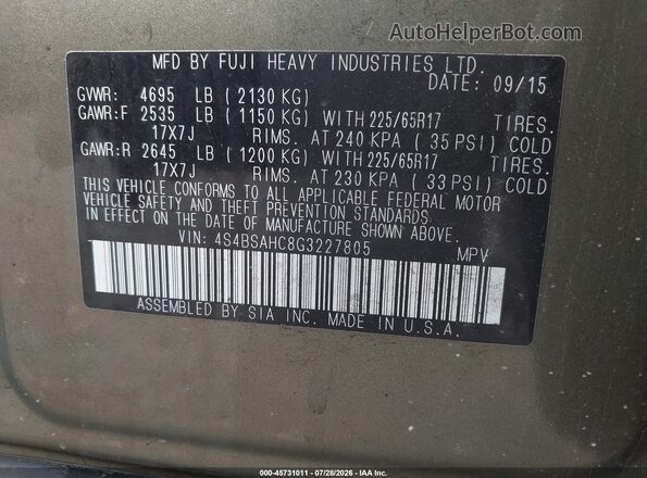 4S4BSAHC8G3227805 2016 SUBARU OUTBACK Brown Widok komory silnika