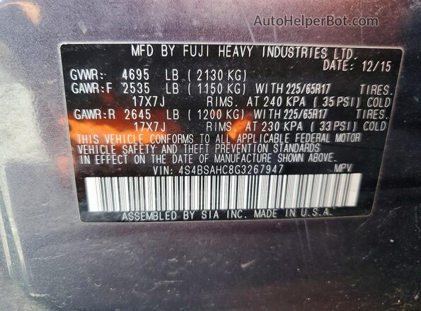 4S4BSAHC8G3267947 2016 SUBARU OUTBACK Gray Вид підкапотного простору