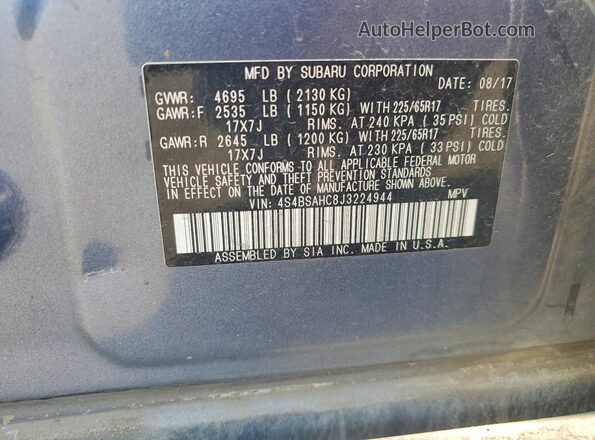 4S4BSAHC8J3224944 2018 SUBARU OUTBACK Blue Շարժիչի բաժամունքի տեսք