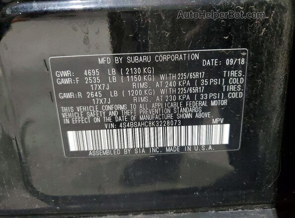 4S4BSAHC8K3228073 2019 SUBARU OUTBACK Black VIN კოდის სტიკერის ხედი