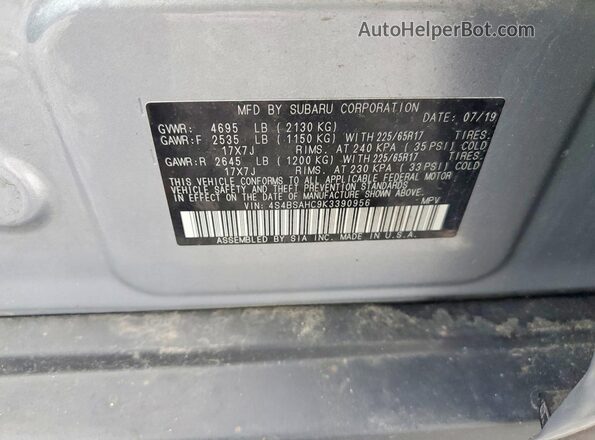 4S4BSAHC9K3390956 2019 SUBARU OUTBACK Silver VIN կոդի պիտակի տեսք