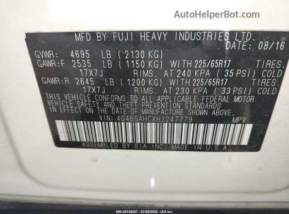 4S4BSAHCXH3247779 2017 SUBARU OUTBACK White Շարժիչի բաժամունքի տեսք
