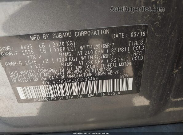 4S4BSAHCXK3338459 2019 SUBARU OUTBACK Gray Widok komory silnika