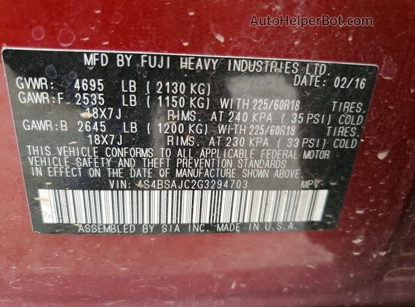 4S4BSAJC2G3294703 2016 SUBARU OUTBACK Бордовый Вид подкапотного пространства