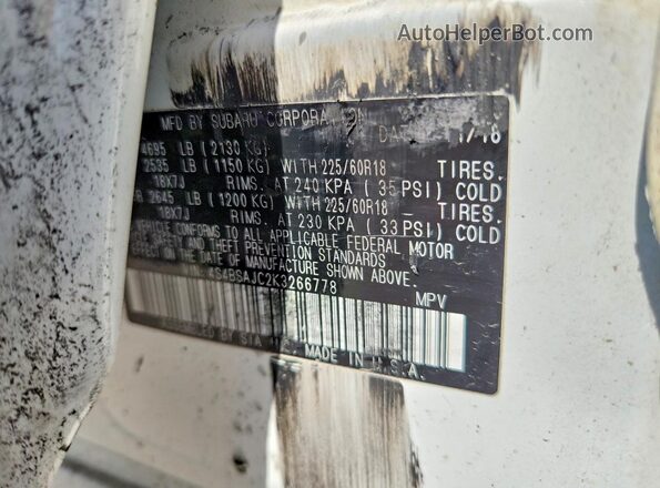 4S4BSAJC2K3266778 2019 SUBARU OUTBACK White Вид наклейки з VIN-кодом