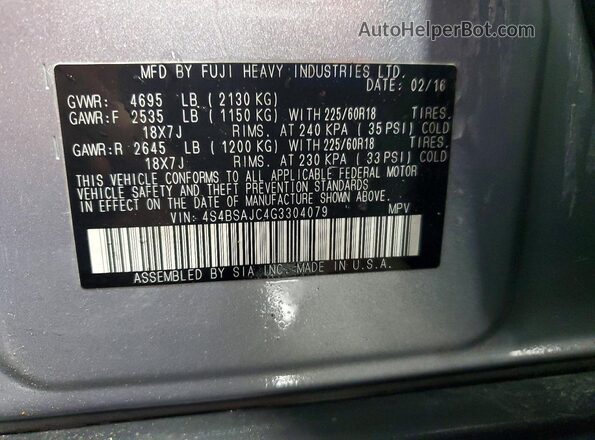 4S4BSAJC4G3304079 2016 SUBARU OUTBACK Silver VIN կոդի պիտակի տեսք