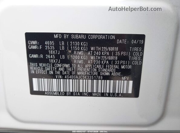 4S4BSAJC5K3351789 2019 SUBARU OUTBACK White Вид підкапотного простору