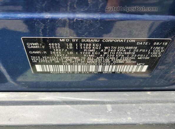 4S4BSAJC7K3206527 2019 SUBARU OUTBACK Blue ძრავის განყოფილების ხედი