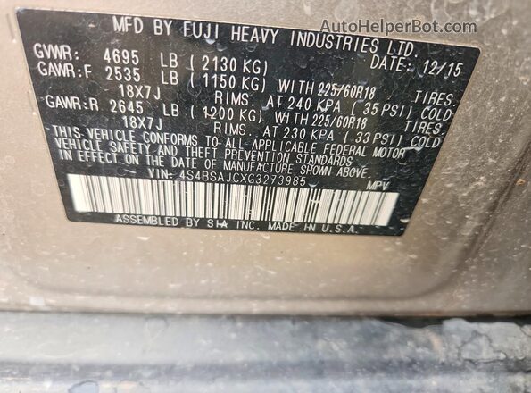 4S4BSAJCXG3273985 2016 SUBARU OUTBACK Tan Engine compartment view