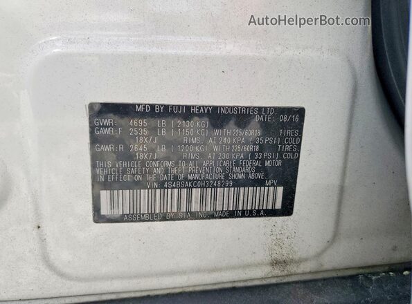 4S4BSAKC0H3248299 2017 SUBARU OUTBACK White Widok komory silnika