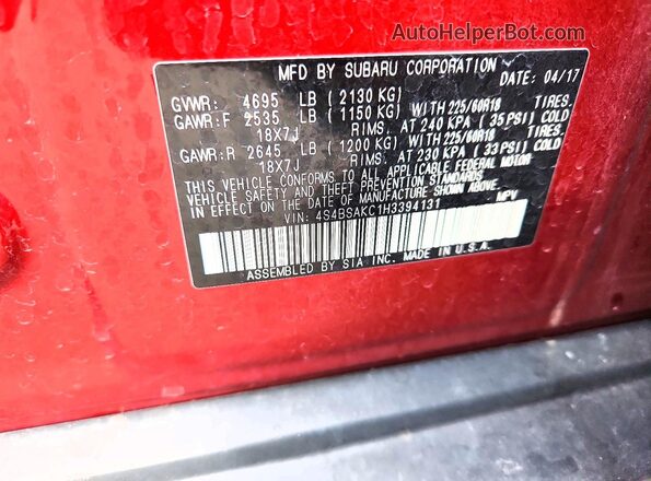 4S4BSAKC1H3394131 2017 SUBARU OUTBACK Красный Вид подкапотного пространства