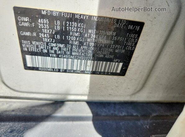 4S4BSAKC2H3202702 2017 SUBARU OUTBACK Белый Вид подкапотного пространства