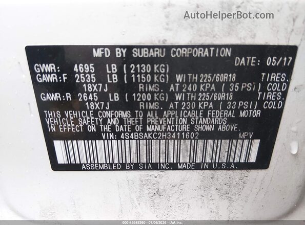 4S4BSAKC2H3411602 2017 SUBARU OUTBACK White Widok naklejki z numerem VIN