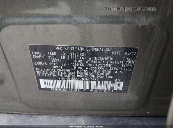 4S4BSAKC4H3415473 2017 SUBARU OUTBACK Green Vista del compartimento del motor