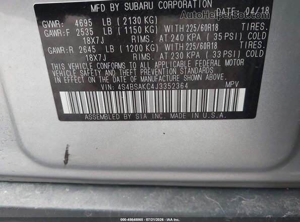 4S4BSAKC4J3352364 2018 SUBARU OUTBACK Gray Vista del compartimento del motor