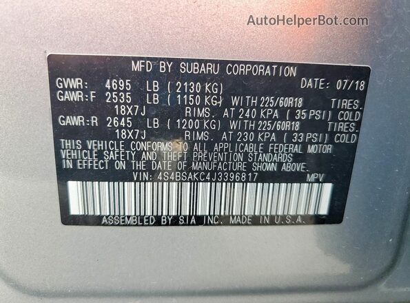 4S4BSAKC4J3396817 2018 SUBARU OUTBACK Silver Widok naklejki z numerem VIN