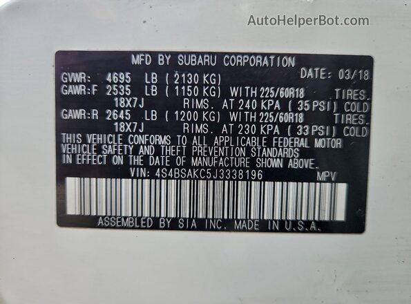 4S4BSAKC5J3338196 2018 SUBARU OUTBACK White VIN sticker view