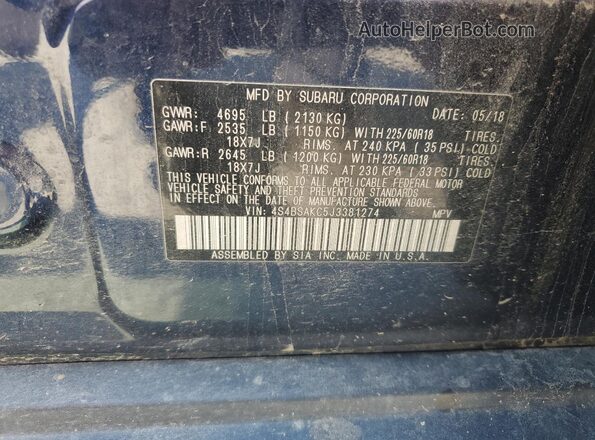 4S4BSAKC5J3381274 2018 SUBARU OUTBACK Blue Vista de la etiqueta del VIN