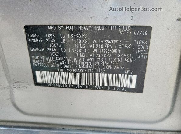 4S4BSAKC6H3211452 2017 SUBARU OUTBACK Серебряный Вид подкапотного пространства